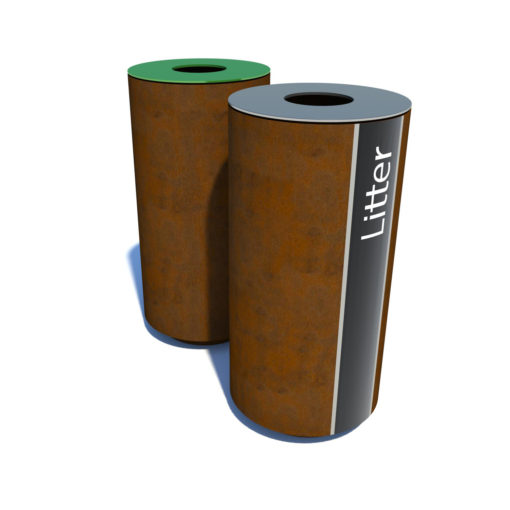 Streetscape twin waste bins with labels